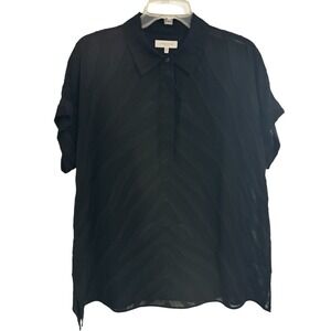 Lafayette 148 New York Black Sheer Zigzag Textured Short Sleeve Blouse M‎